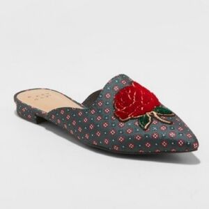 A New Day Rose Embroidered Pointed Toe Mules Slip On Flats Brocade Floral 8